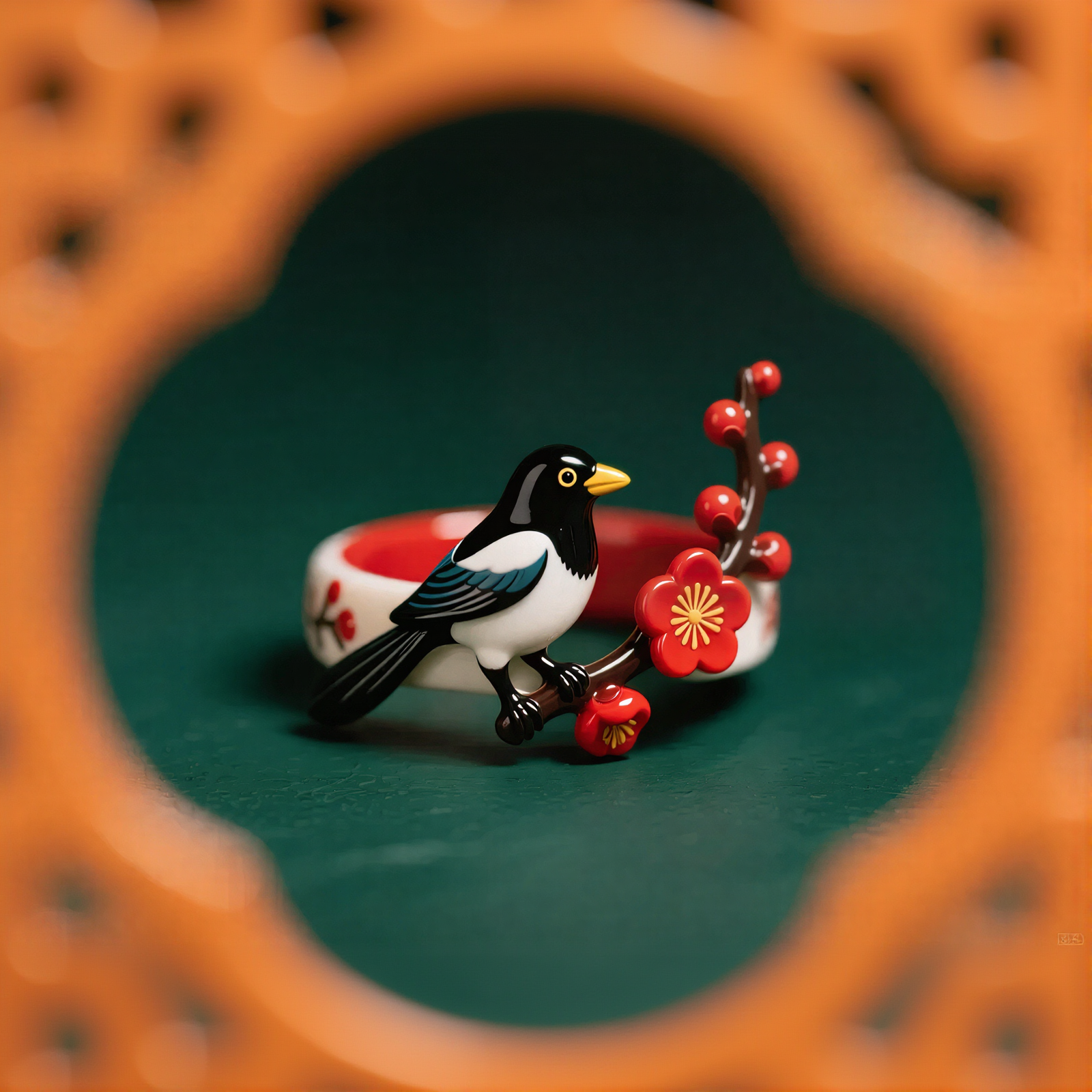 Magpie And Plum Blossom Rings