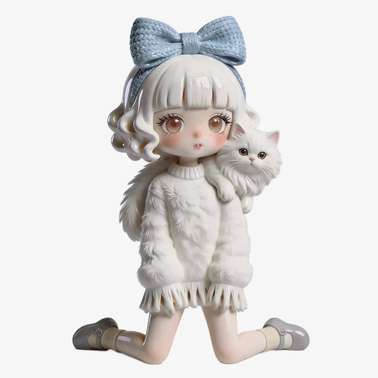 Cute Girl with White Cat Figurine