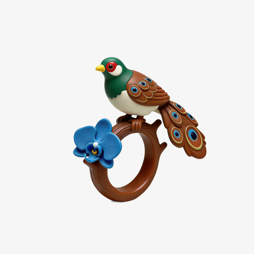 Colorful Feather Blue Flower Ring